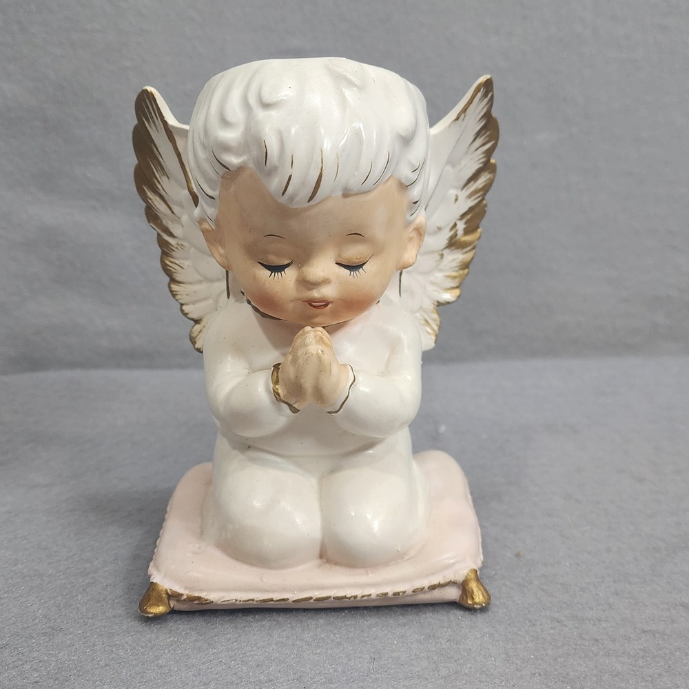 Vintage Lefton Praying Angel Planter White Gold Trim Japan Cherub 5.5in